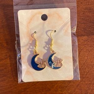 Blue and gold moon earrings